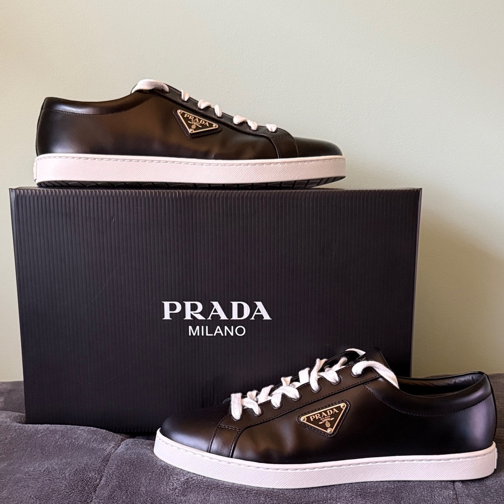 Prada Lane Triangle Logo Low Top Leather Sneaker